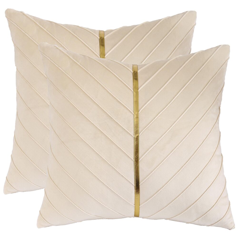 4928 Cream Velvet Throw Pillow Covers 18 x 18 Pack of 2 with Gold Leather